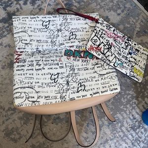 DKNY graffiti backpack and wristlet